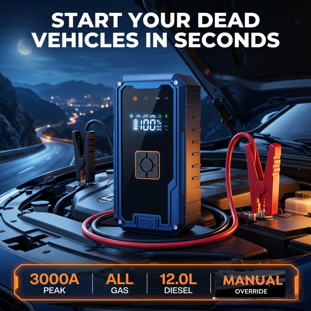 Car jump starter with digital display and cables on a car battery, with a scenic road in the background.