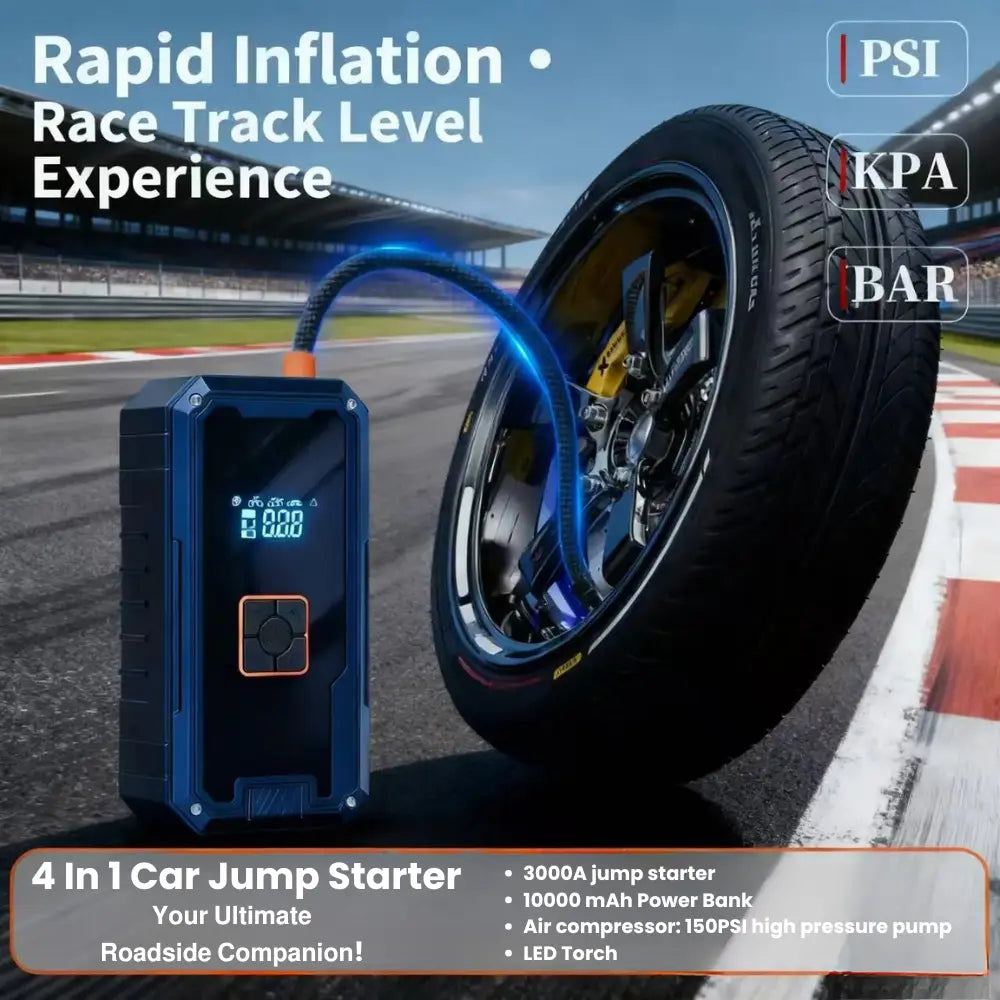 Car jump starter with tire on race track background