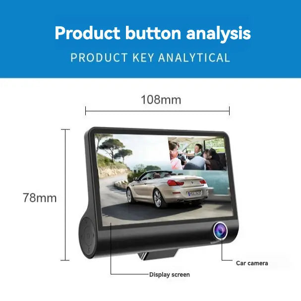 Car monitor with display screen and car camera, showing dimensions.