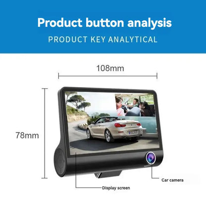 Car monitor with display screen and car camera, showing dimensions.