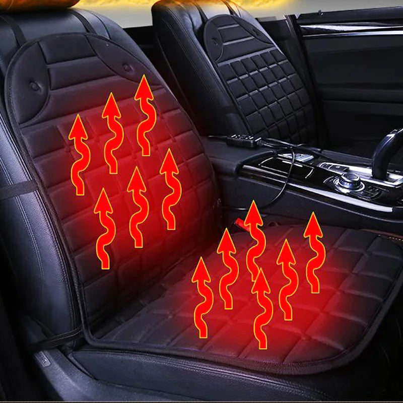 Car seat with heated pad and red heating arrows, interior view.