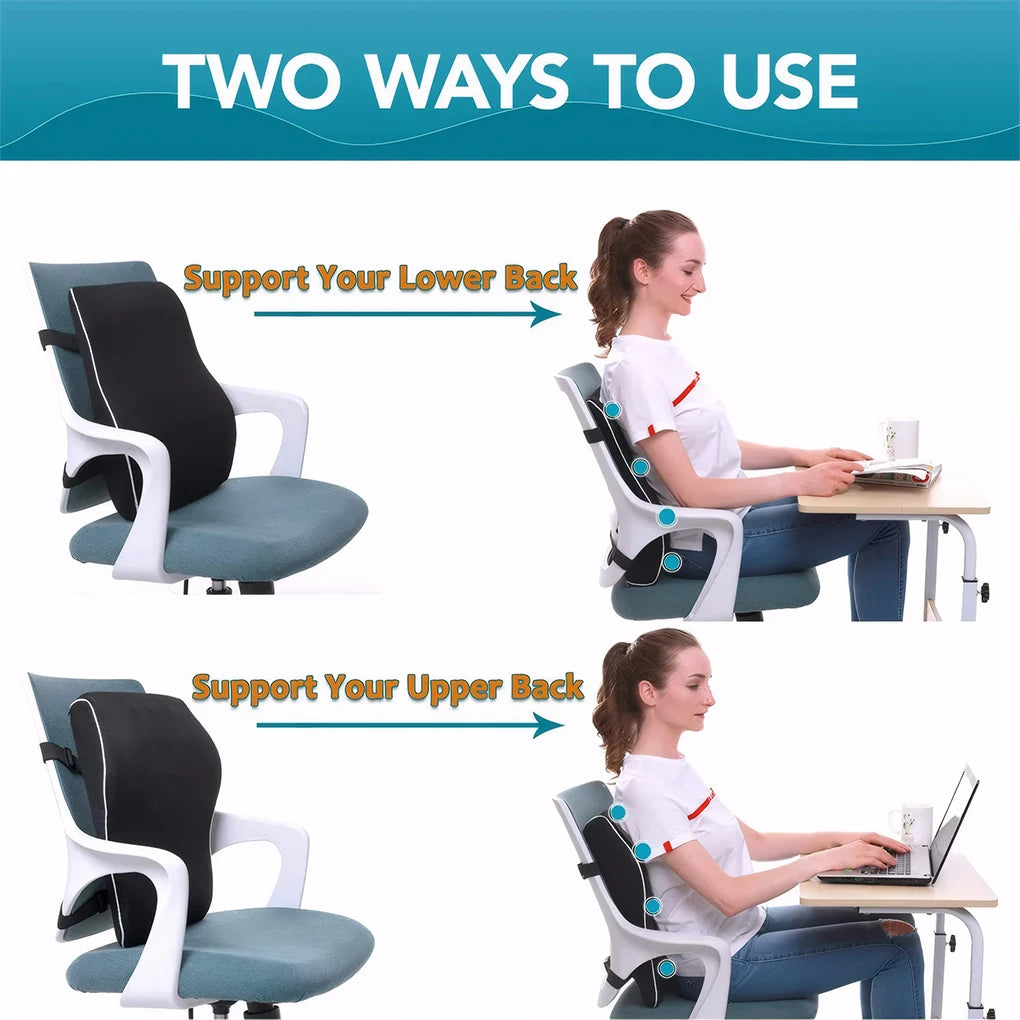 Chair with back support for ergonomic use, showing two ways to support the lower and upper back.