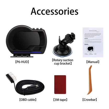 Collection of car accessories including P6-HUD, rotary suction cup bracket, OBD cable, 3M tape, and crowbar on a white background.