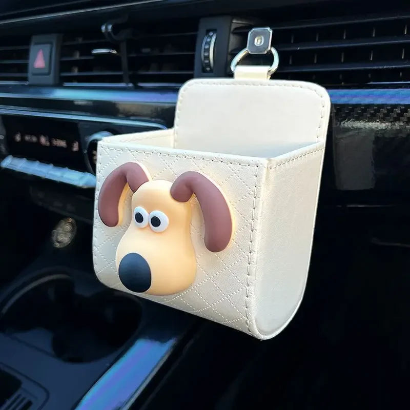 Cute Cartoon Dog Car Vent Storage Box PU Leather Organizer White