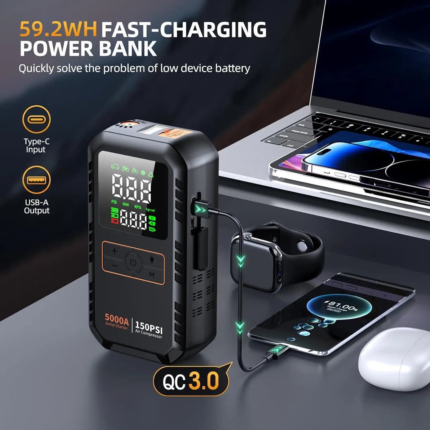 Fast-charging power bank with digital display and multiple device connections on a dark surface.