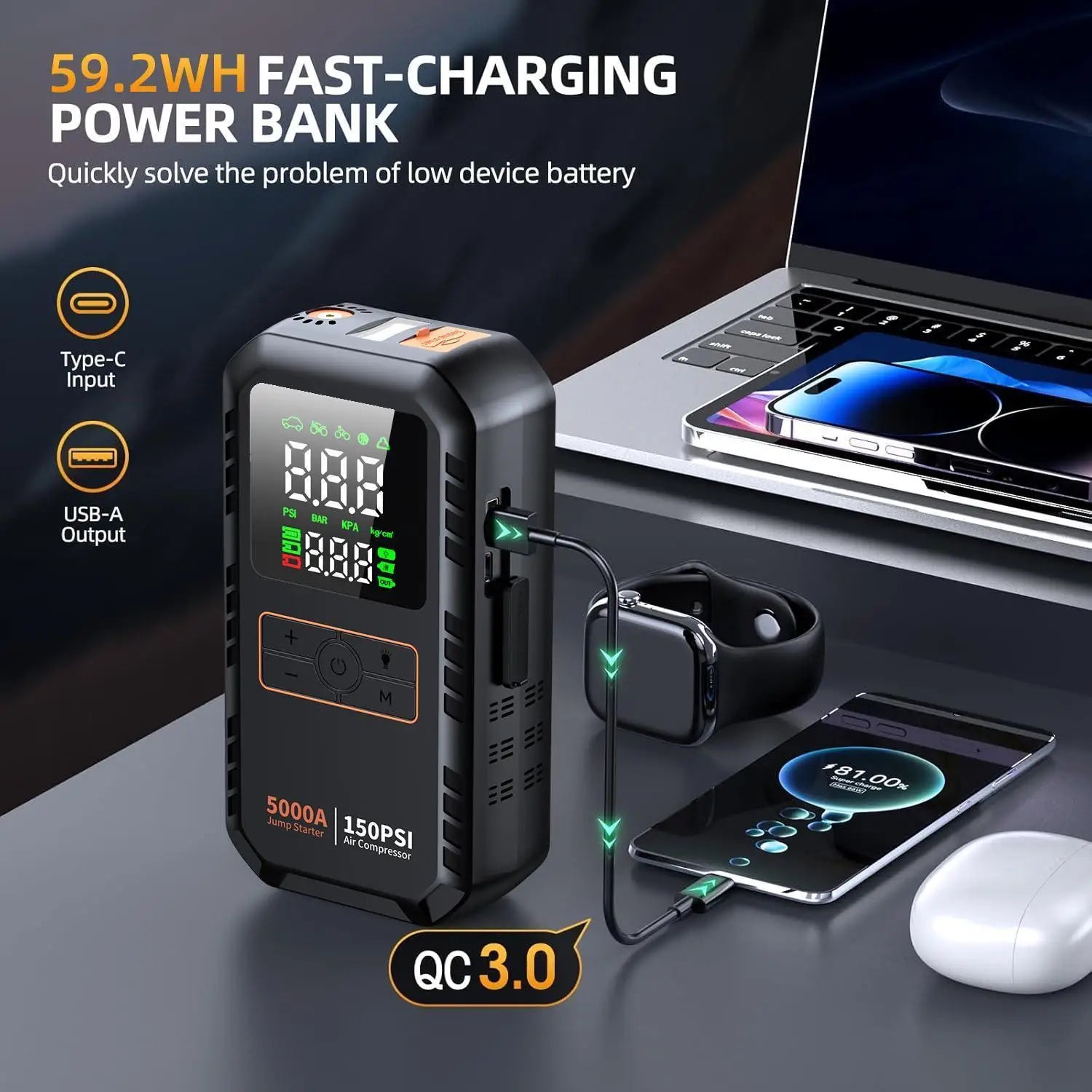 Fast-charging power bank with digital display and multiple device connections on a dark surface.