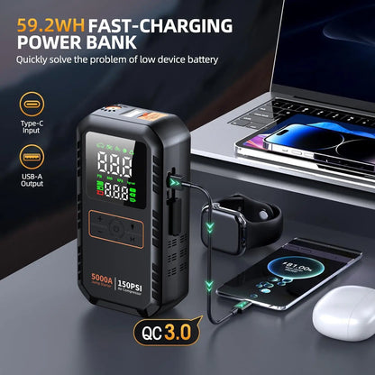 Fast-charging power bank with digital display and multiple device connections on a dark surface.