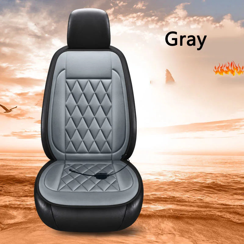 Gray car seat cover with a diamond pattern on a wooden background