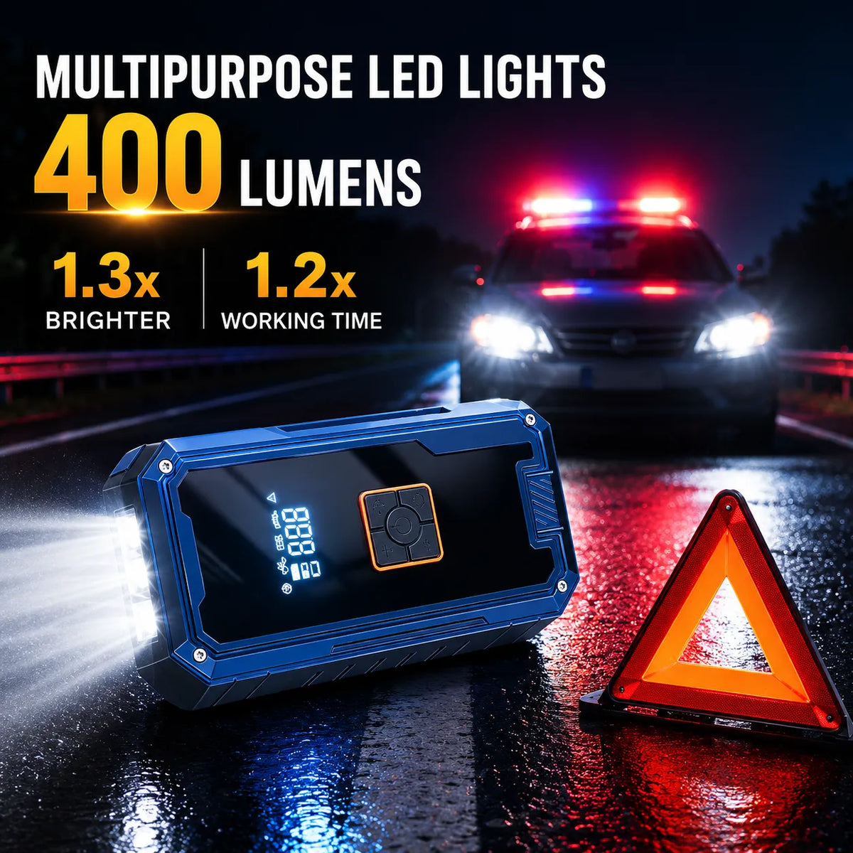 Blue rectangular LED light device with a digital display and orange control button, shown on a wet road at night with a warning triangle and a blurred car with flashing lights in the background. Large text reads 'MULTIPURPOSE LED LIGHTS 400 LUMENS' with '1.