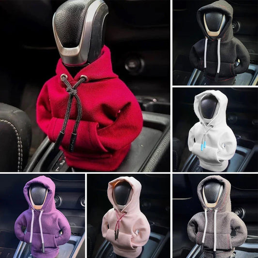 Collage of car gear shift covers in various colors with hoodies.