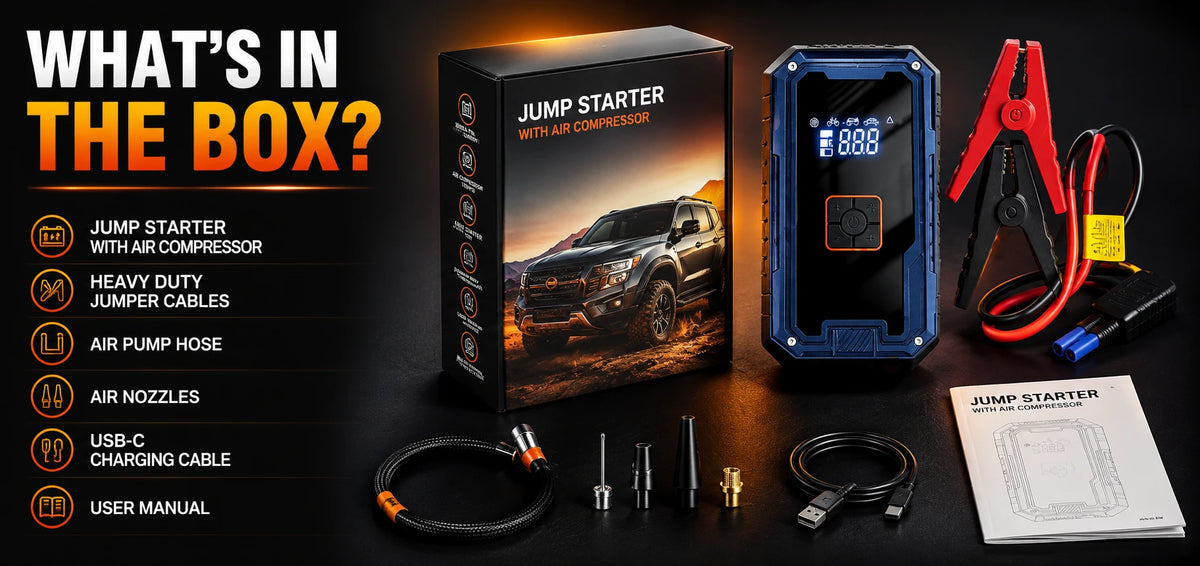 Jump starter kit with air compressor, jumper cables, air pump hose, USB charging cable, mounting hardware, user manual, and retail box on a dark background, with text reading 'WHAT'S IN THE BOX?'.
