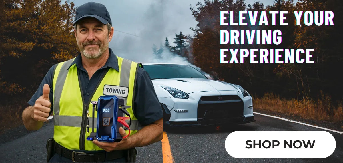 Man in high-visibility vest and cap with towing equipment, white car in background, 'Elevate Your Driving Experience' text.