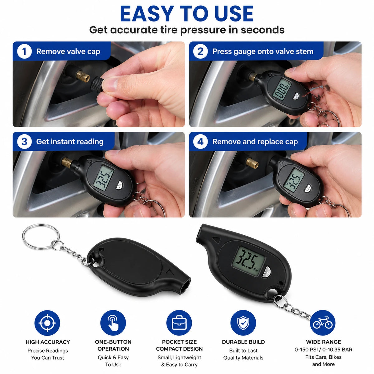 Mini Digital Tire Pressure Gauge Keychain
