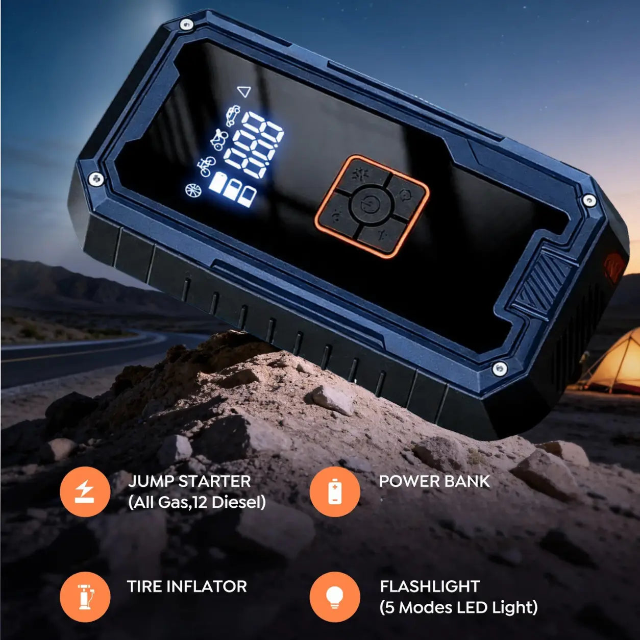 Multifunctional power bank with jump starter, power bank, tire inflator, and flashlight features on a desert background.
