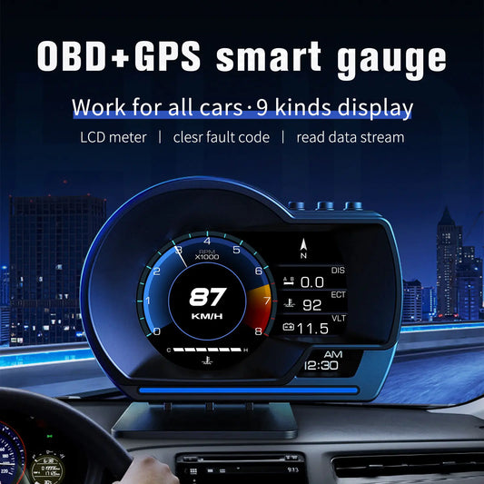 OBD+GPS smart gauge display in a car with a cityscape background