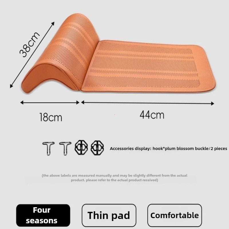 Orange mesh pad with dimensions on a gray background