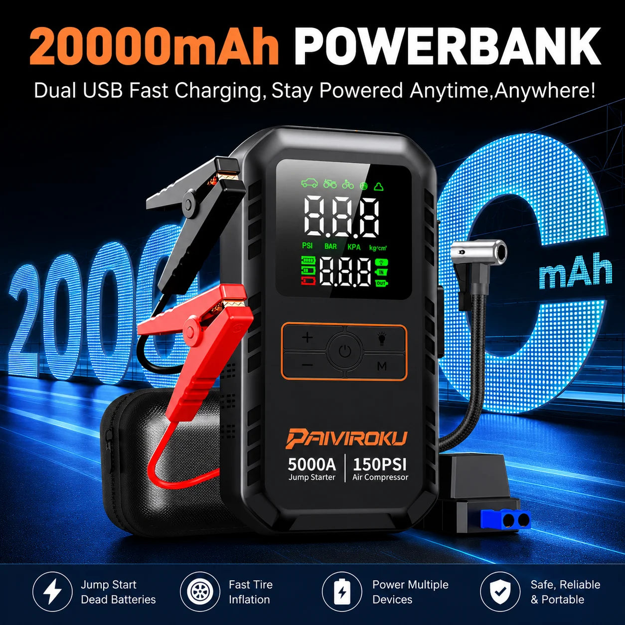 PAIROKU 20000mAh portable air compressor jump starter and tire inflator, featuring a digital LCD display, red and black clamps, and a black carrying case on a blue graphic background.