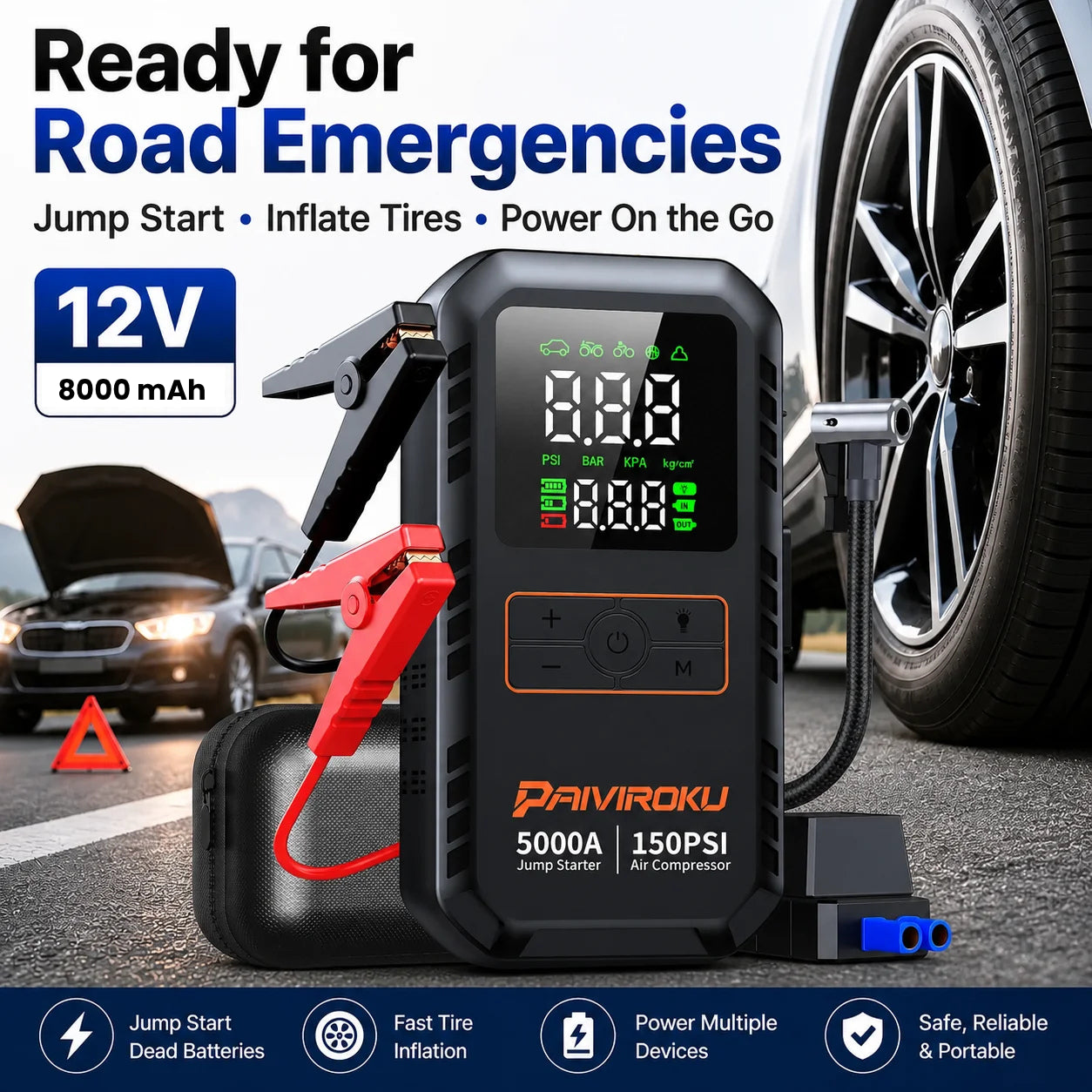 A digital 12V portable jump starter and tire inflator shown on a road with a car wheel, another car, and dashboard emergency icons. The device has red and black clamps, a black body with a digital display, and text including 'PAVIROKU' and '5000A 150PSI Air Compressor'.