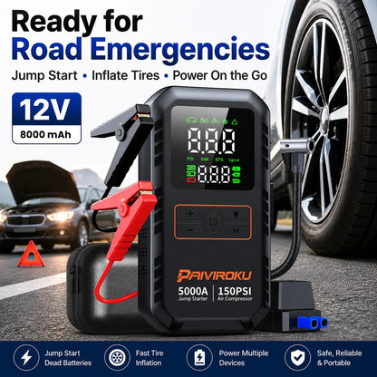 A digital 12V portable jump starter and tire inflator shown on a road with a car wheel, another car, and dashboard emergency icons. The device has red and black clamps, a black body with a digital display, and text including 'PAVIROKU' and '5000A 150PSI Air Compressor'.