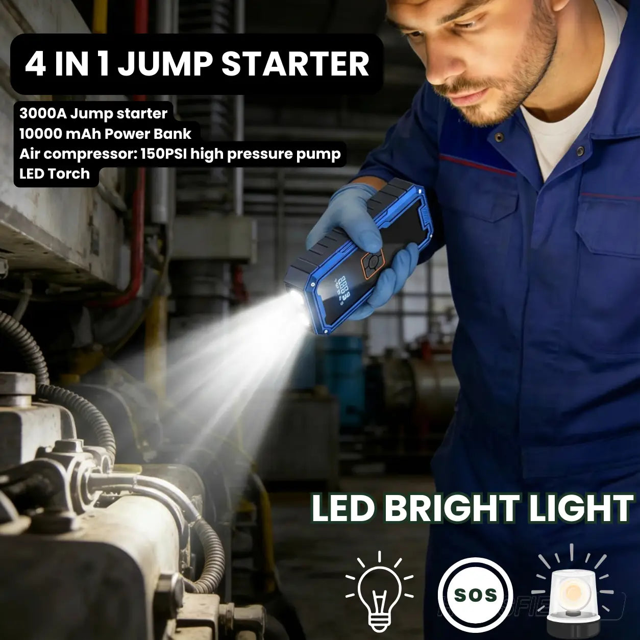 Person using a 4-in-1 jump starter with LED light and air compressor in a workshop setting.
