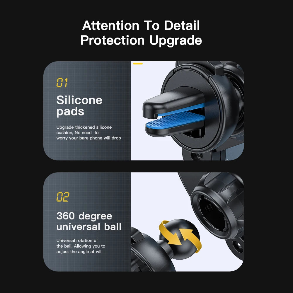 Phone mount with silicone pads and 360-degree universal ball on a black background