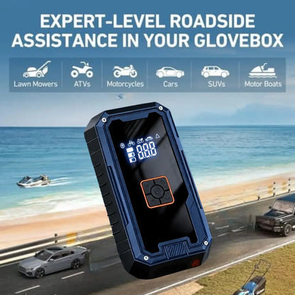 Portable jump starter with digital display on a road and beach background, promoting expert-level roadside assistance.