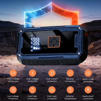 Portable power station with digital display and camping scene in the background