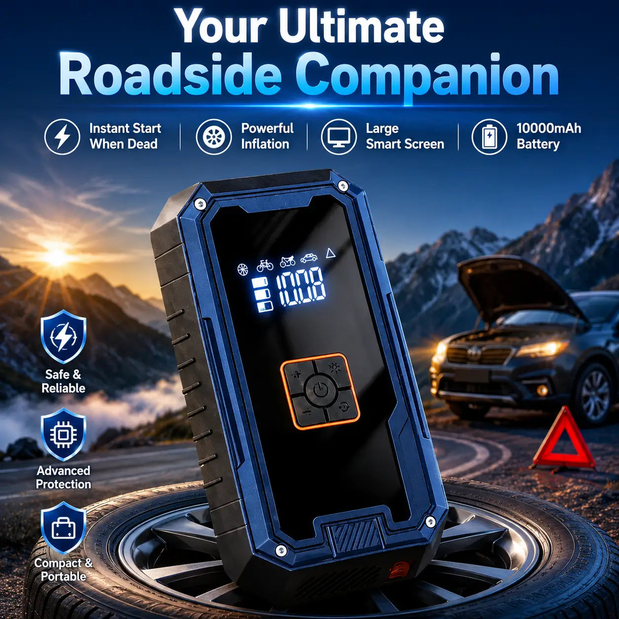 A rugged digital portable battery charger and inflator shown prominently in the foreground, with a car and mountain road scene in the background. Large marketing text at the top reads 'Your Ultimate Roadside Companion' with feature callouts including instant start when dead, powerful inflation, large smart screen, 10000mAh battery, safe and reliable, advanced protection, and compact and portable.