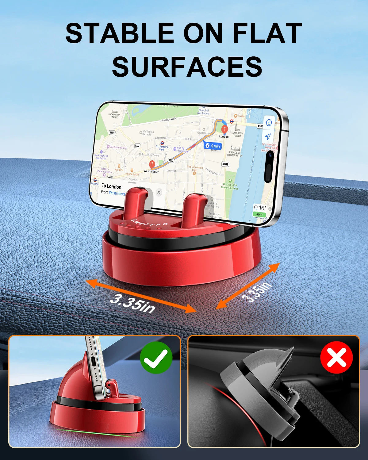 Red phone holder stable on flat surfaces with smartphone displaying a map.