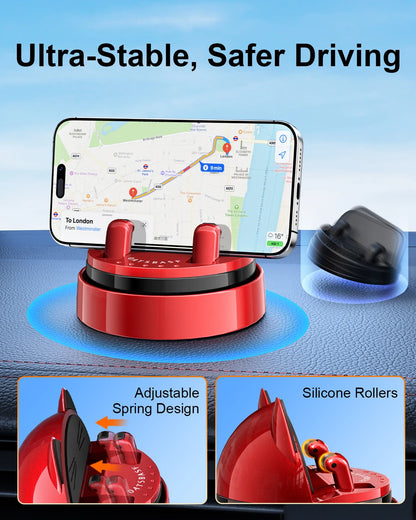Red phone holder with adjustable spring design and silicone rollers on a blue background, featuring text about ultra-stable driving.