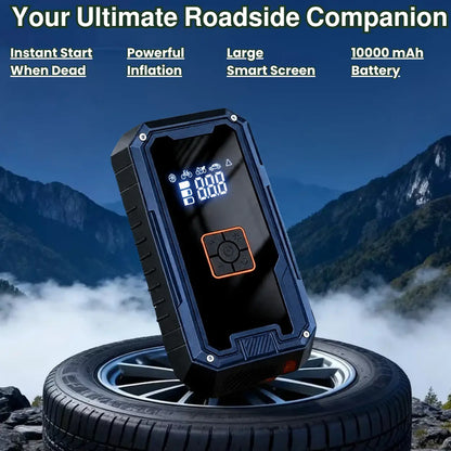 Roadside power station with digital display on a tire against a mountainous background