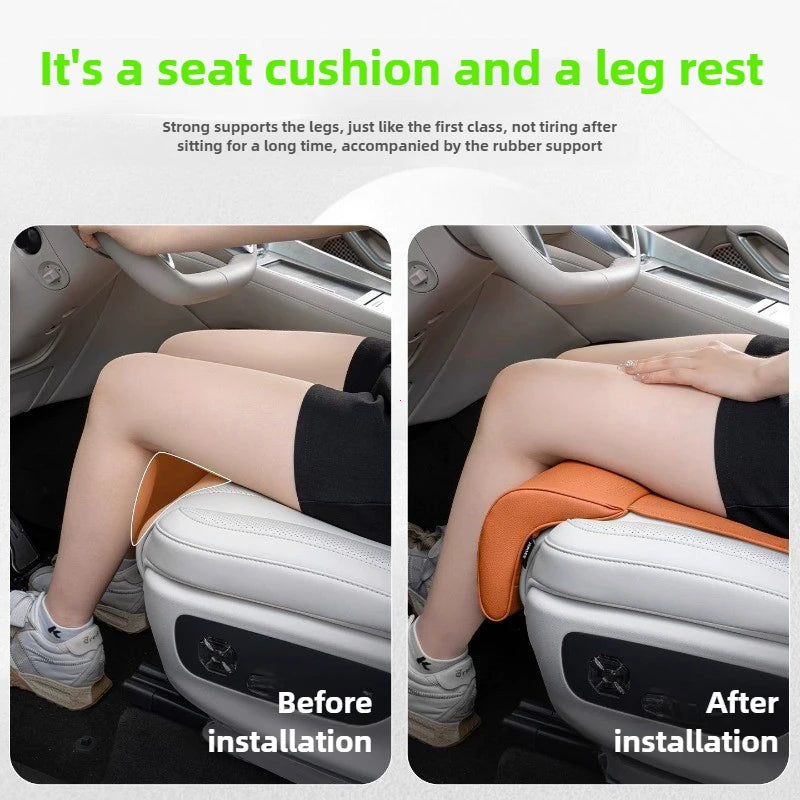 Seat cushion and leg rest before and after installation in a car.