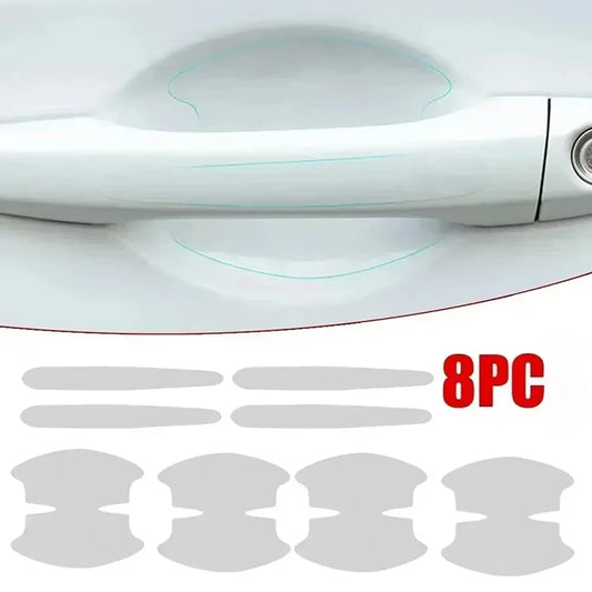 Set of 8 car door handle protector stickers with a car door handle in the background.