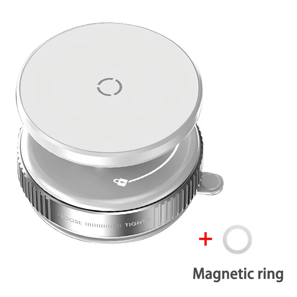 Silver magnetic ring with close and tighten labels on a white background