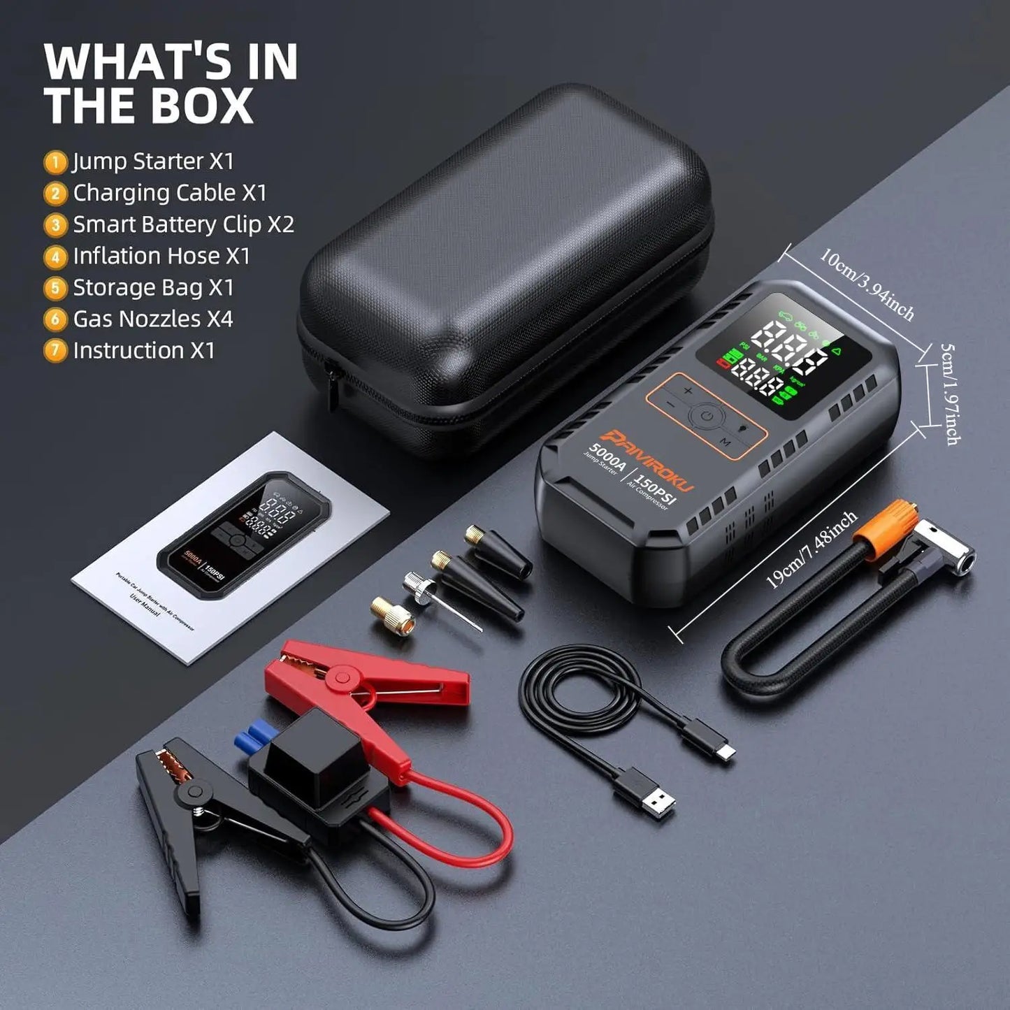 What's in the box paviroku Autoxmatch 5000A Jump Starter